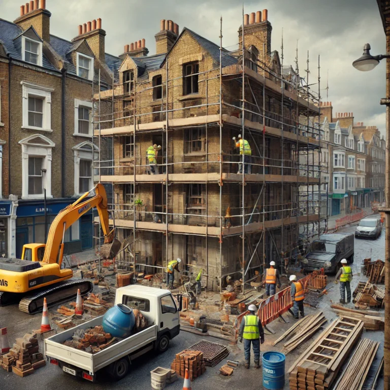 Construction site in central London. The scene focuses on a single building under renovation, wi