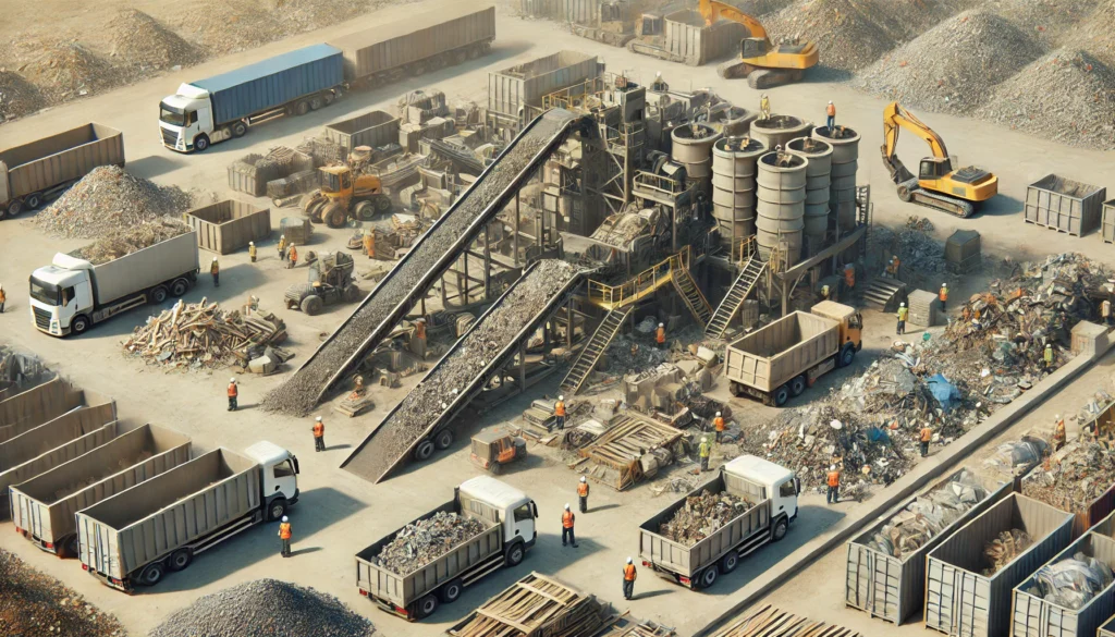 construction waste recycling. A large machine is crushing and sorting debris, such as concrete, metal, and wood